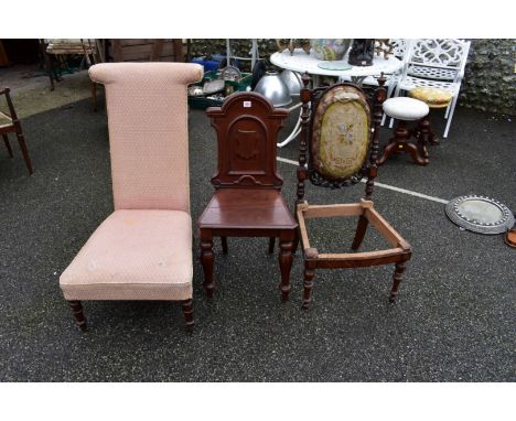 An antique mahogany hall chair;&nbsp;together with a tapestry occasional chair, (a.f.) and a nursing chair. 