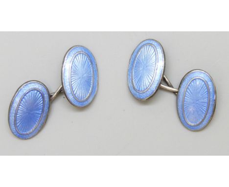 A pair of early 20th Century silver and blue guilloche enamel cufflinks, in a box