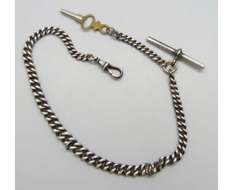 A graduated curb link watch chain and key, hallmarked links, base metal loop 31cm, 31g