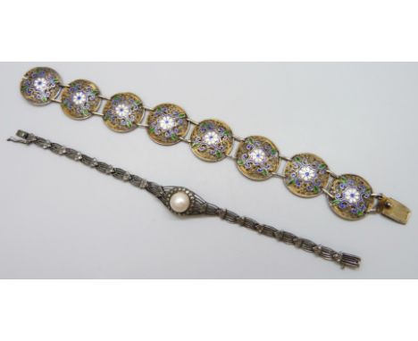 A white metal gilt and cloisonne enamel filigree bracelet with control marks to clasp, together with an Art Deco white metal 