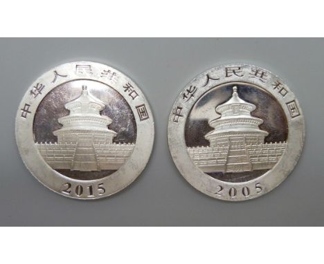 A 2005 1oz 999 fine silver 10 yuan Chinese Panda coin and a 2015 10 yuan Chinese panda coin 