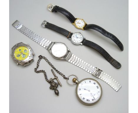 A base metal pocket watch with a short white metal Albert chain, a Citizen automatic wristwatch and three other watches