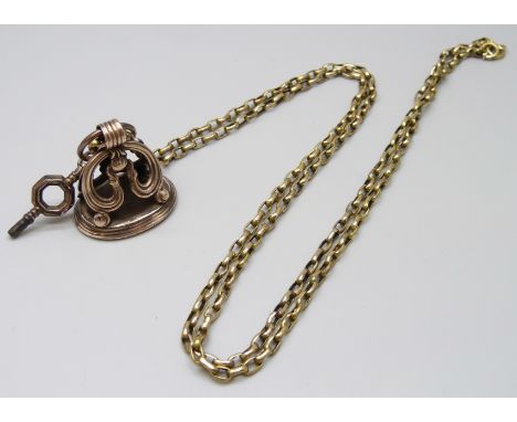 A 19th Century intaglio seal fob, together with a gilt metal long guard chain, 3.2 x 2.5cm fob base