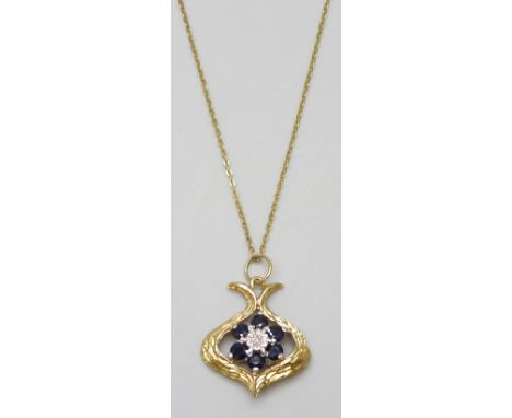 A 9ct gold, sapphire and diamond pendant on a 9ct gold chain, 2.6g total, 2cm pendant