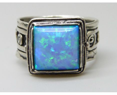 A silver synthetic opal set ring, signed, 7.4g, P