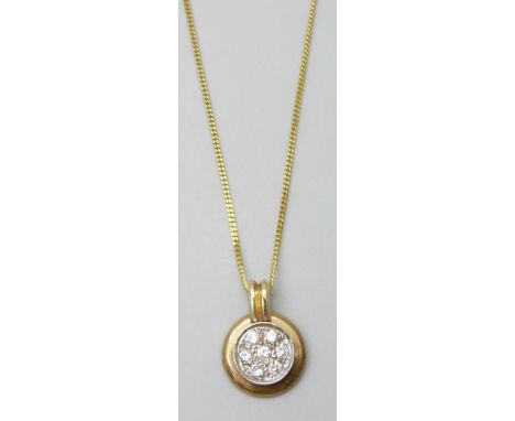 A 9ct gold and diamond set pendant on a 9ct gold chain, 3.9g total, 1.7cm pendant