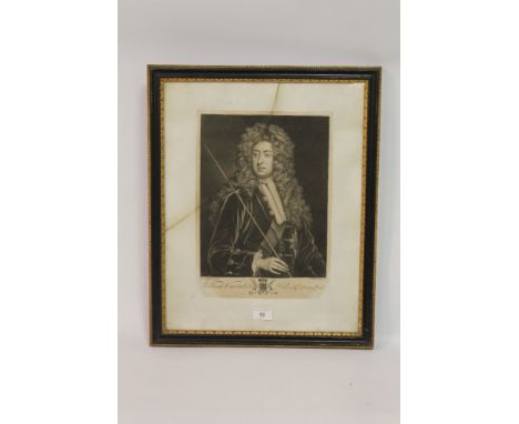A FRAMED AND GLAZED ENGRAVING OF A 18TH CENTURY PORTRAIT OF WILLIAM CAVENDISH DUKE OF DEVONSHIRE 