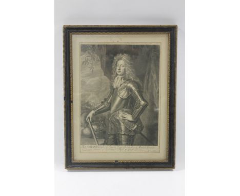 A 17TH CENTURY FRAMED AND GLAZED ENGRAVING OF A PORTRAIT OF MAYNHARD DUKE OF LEINSTER