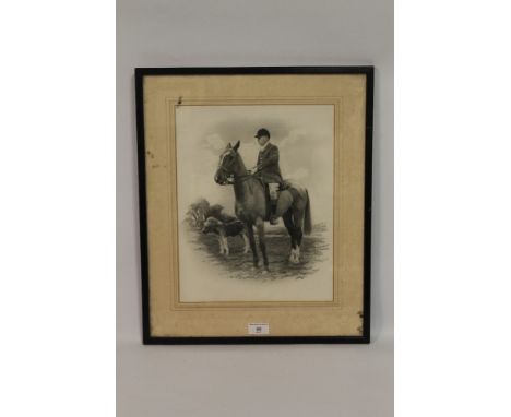 A FRAMED AND GLAZED CHARCOAL DEPICTING A HUNTING SCENE