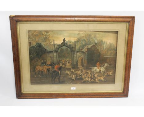 A FRAMED AND GLAZED PRINT DEPICTING A FOX HUNTING SCENE TITLED GOING OUT 