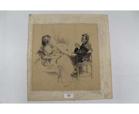 A UNFRAMED MOUNTED ETCHING OF A EARLY 20TH CENTURY LADY AND GENT IN CONVERSATION 
