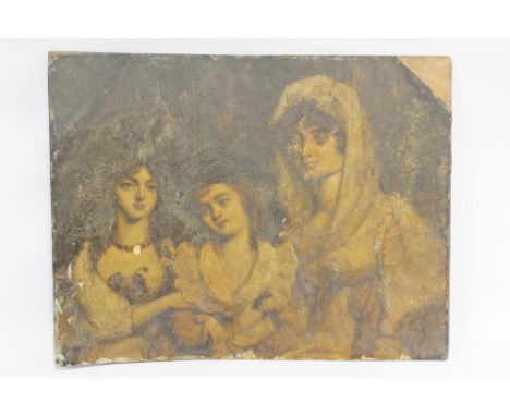 AN ANTIQUE UNFRAMED OIL ON BOARD MOUNTED ON WOOD DEPICTING 18TH CENTURY FAMILY GROUP PORTRAIT A/F