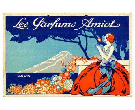 Original vintage advertising poster for Les Parfums Amiot perfume, featuring a stunning Art Deco style illustration of a red-