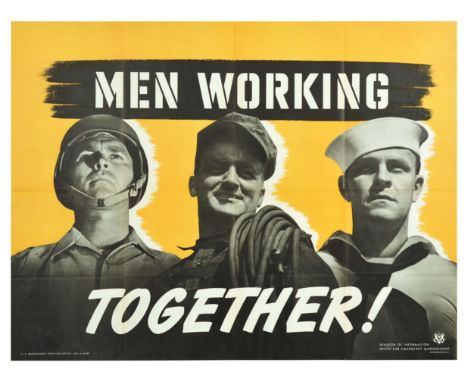 Original vintage World War Two poster - Men Working Together! - featuring a US Army soldier and Navy sailor in military unifo