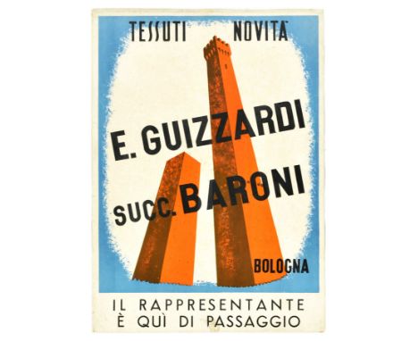 Original vintage advertising poster featuring an illustration of the Two Towers / Le due torri in orange brown set over white
