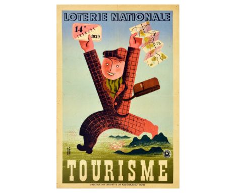 Original vintage Art Deco advertising poster for the 14th tranche of the French National Lottery in 1939. Great image of a to