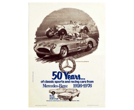 Original vintage advertising poster for Mercedes-Benz featuring an illustration of vintage 1920s automobile speeding alongsid