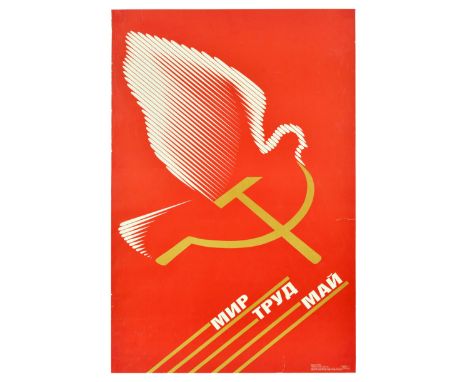 Original vintage Soviet propaganda poster celebrating the International Workers Day or May Day, featuring an illustration of 