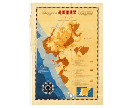 Original vintage travel poster for Jerez - Xeres - Sherry producing district map issued by The Official Board Controlling the