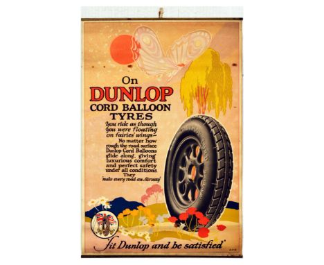 Original vintage advertising poster for Dunlop Cord Balloon Tyres, featuring an illustration of the tyre on a path with red, 