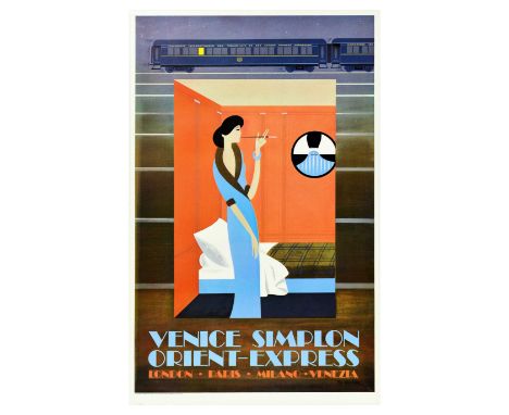 Original vintage railway travel advertising poster for the Venice Simplon Orient Express London Paris Milano Venezia featurin