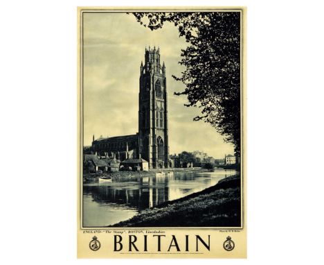 Original vintage travel poster for Britain featuring a black and white photo of 'The Stump', Boston, Lincolnshire next to the
