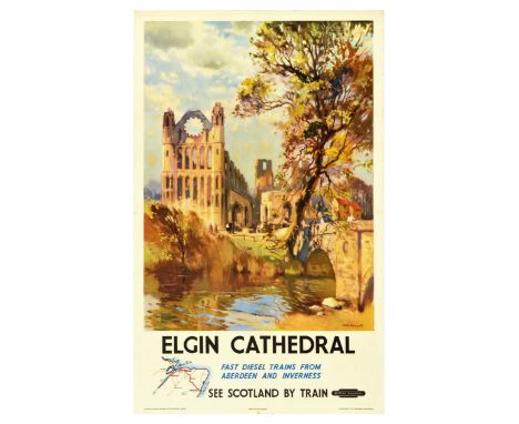 Original vintage railway travel poster - Elgin Cathedral. Fast diesel trains from aberdeen and Inverness. See Scotland by Tra