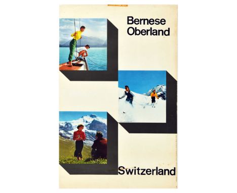 Original vintage travel poster promoting summer and winter sports in the Bernese Oberland Swiss Alps popular for skiing and w