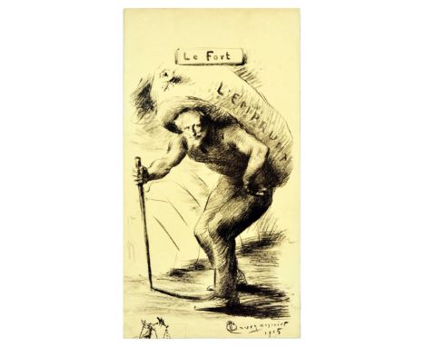 Original antique World War One propaganda poster Le Fort - L'Emprunt featuring a 1915 lithograph - drawing by Claude Charles 