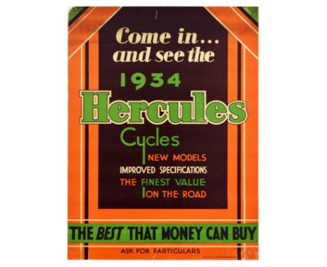 Original vintage advertising poster for bicycles - Come in... and see the 1934 Hercules Cycles. New models, improved specific