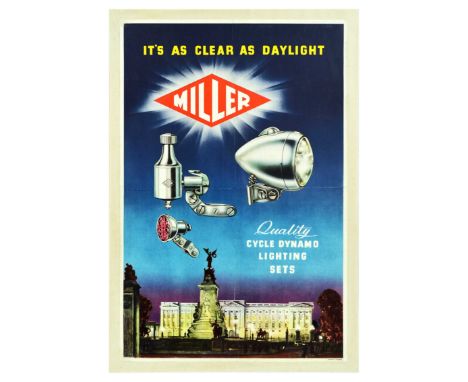 Original vintage advertising poster for Miller lighting sets – It’s as clear as daylight. Quality cycle dynamo lighting sets 