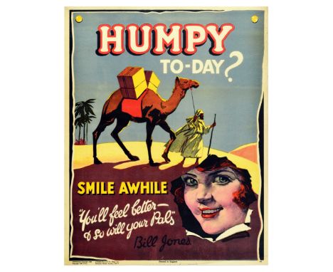 Original vintage motivational propaganda poster captioned - Humpy To-Day? Smile awhile. "You'll feel better &amp; so will you