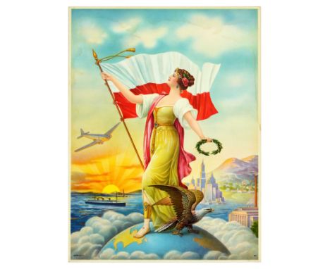 Original vintage immigration propaganda poster featuring an illustration of an lady holding a Polish flag in one hand and an 