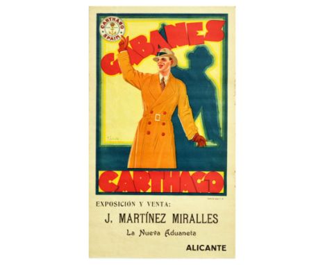 Original vintage men's fashion advertising poster for Cabanes Carthago Exposicion y venta J. Martinez Miralles La Neuva Aduan