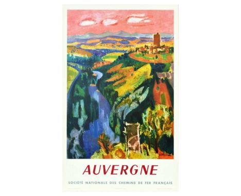 Original vintage poster advertises travel to the Auvergne region of France. The illustration features a breathtaking image of