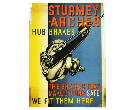 Original vintage advertising poster for Sturmey-Archer Hub Brakes - The brakes that make cycling safe. We fit them here. - fe