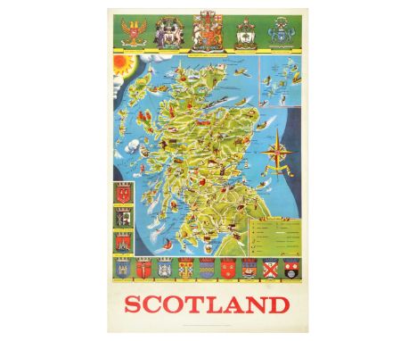 Original vintage illustrated map poster for Scotland featuring a colourful design by Frederick Griffin (1906-1976) showing th
