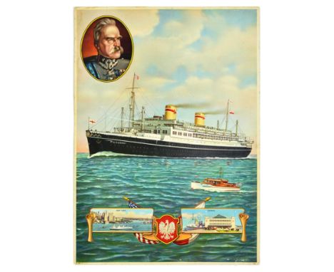 Original vintage travel poster featuring an illustration of an ocean liner MS Pilsudski, named after Marshal Jozef Pilsudski 