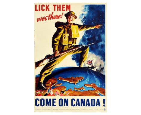 Original vintage Canadian World War II propaganda poster titled Lick Them Over There! – Come On Canada! The image shows a Can