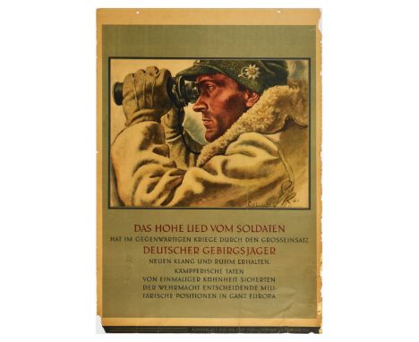 Original vintage World War Two poster featuring an illustration of a Nazi Germany Gebirgsjager soldier in a thick fur coat, g