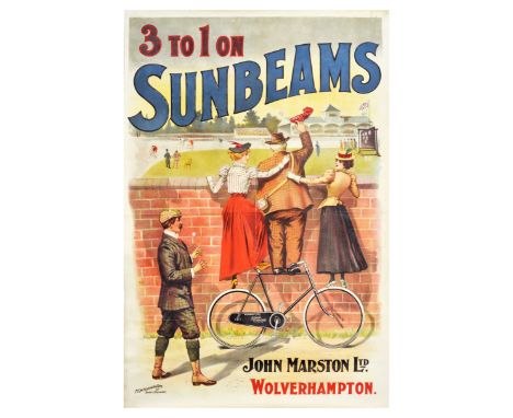 Original antique advertising poster for Sunbeams bicycles featuring a humorous Art Nouveau illustration of two ladies and a g