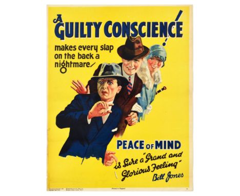 Original vintage motivational propaganda poster captioned - A guilty conscience makes every slap on the back a nightmare. Pea