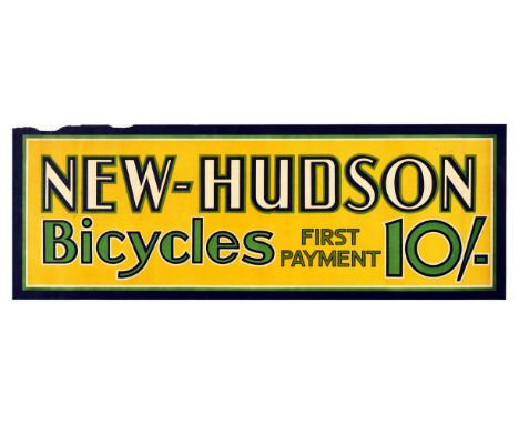 Original vintage advertising poster for New-Hudson Bicycles First Payment 10/-, featuring stylised lettering design set over 