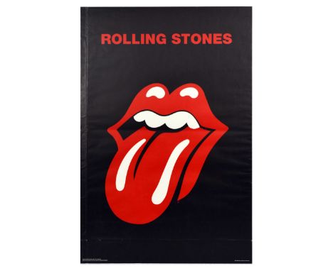 Commercially issued  music advertising poster for Rolling Stones rock band featuring the iconic tongue and lips logo with red