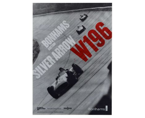 Original vintage advertising poster for Bonhams Auction featuring a photograph of Silver Arrow W196 on a racing track, the 19