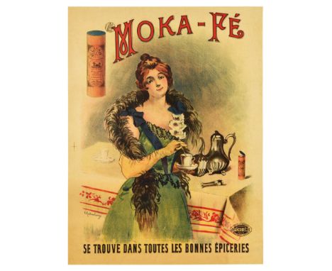 Original antique advertising poster for Moka Fe. The poster features an illustration of an elegant woman brewing coffee with 