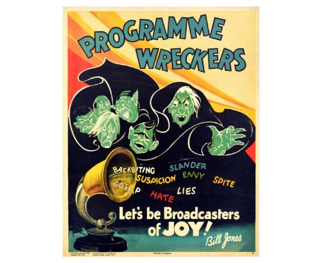 Original vintage motivational propaganda poster captioned - Programme wreckers. Let's be Broadcasters of Joy! Bill Jones. - f