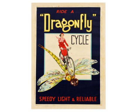 Original vintage advertising poster for Dragonfly bicycle – Ride a “Dragonfly” cycle. Speedy Light &amp; Reliable – featuring