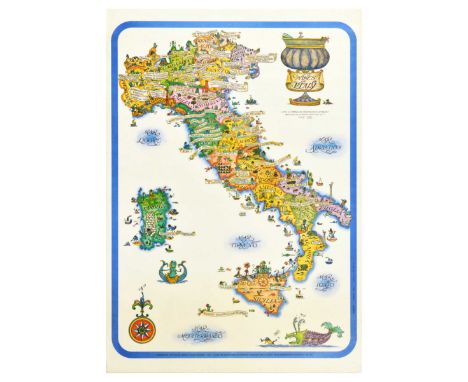 Original vintage travel poster Wines of Italy featuring a fun detailed map of mainland Italy and the Sardinia and Sicily isla