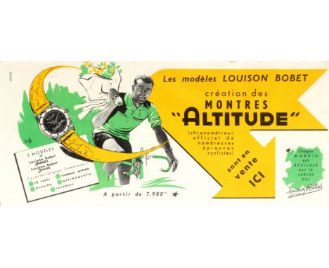 Original vintage advertising poster published to promote two new watch models - Louison Bobet Senior and Louison Bobet Junior